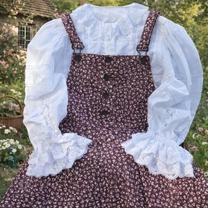 Vintage Mini Pinafore Overalls Dress with Victorian-style Lace Blouse, Size M 8